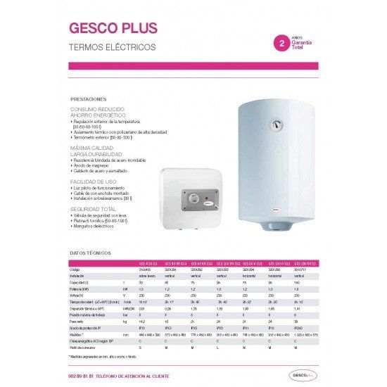 Termo electrico vertical Gesco Plus 50L, 80L y 100L